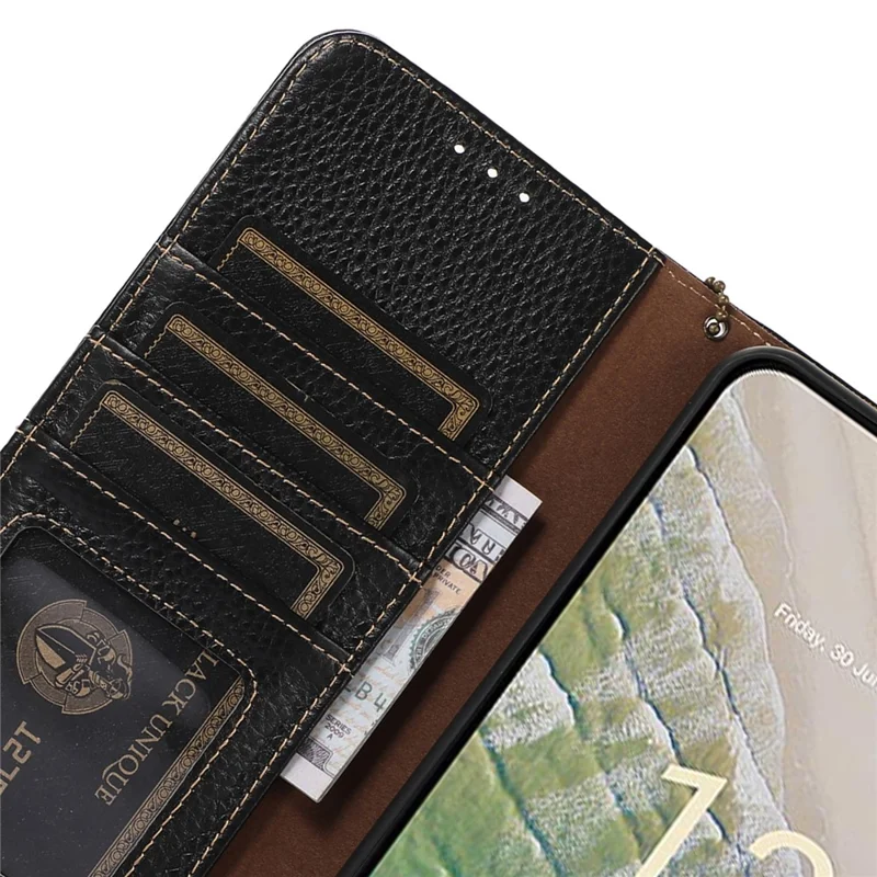 Para Nokia C32 RFID Blocking Phone Wallet Case Genuine Cow Leather Stand Cover - Preto