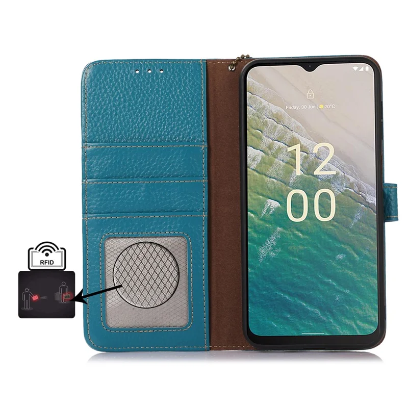 For Nokia C32 RFID Blocking Phone Wallet Case Genuine Cow Leather Stand Cover - Blue