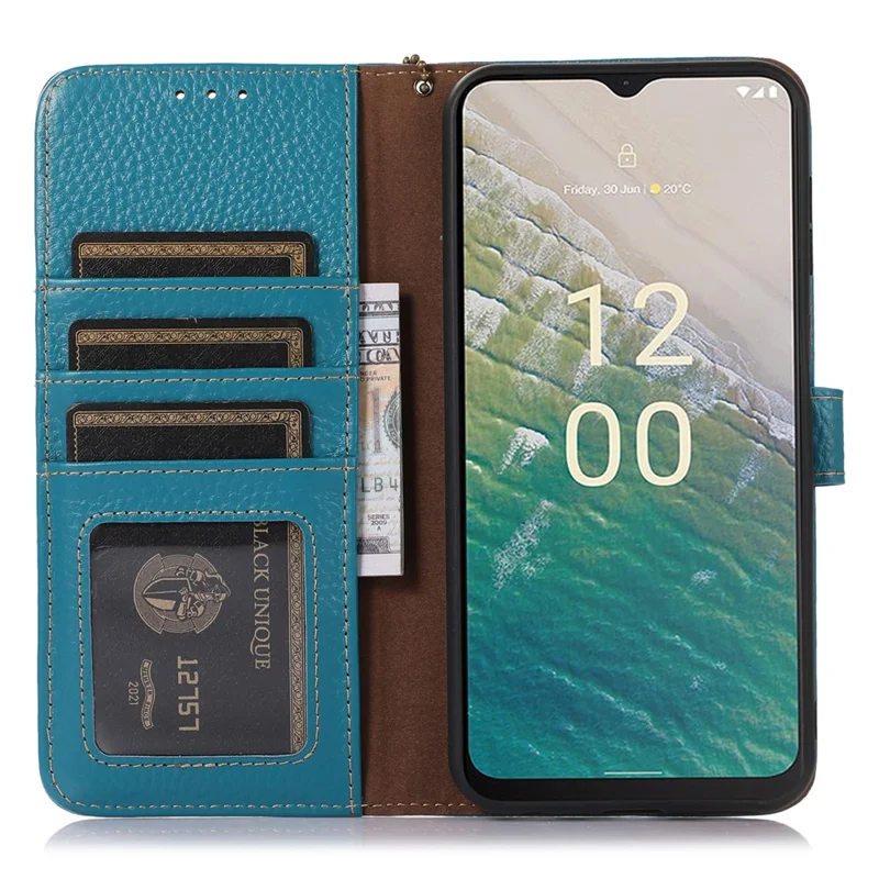 For Nokia C32 RFID Blocking Phone Wallet Case Genuine Cow Leather Stand Cover - Blue