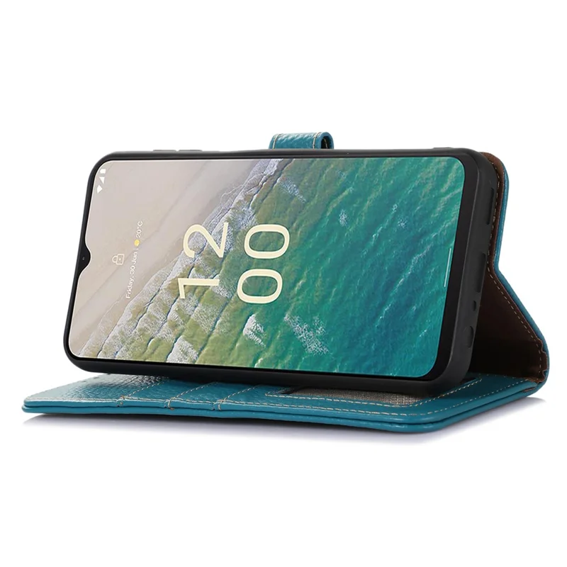 For Nokia C32 RFID Blocking Phone Wallet Case Genuine Cow Leather Stand Cover - Blue