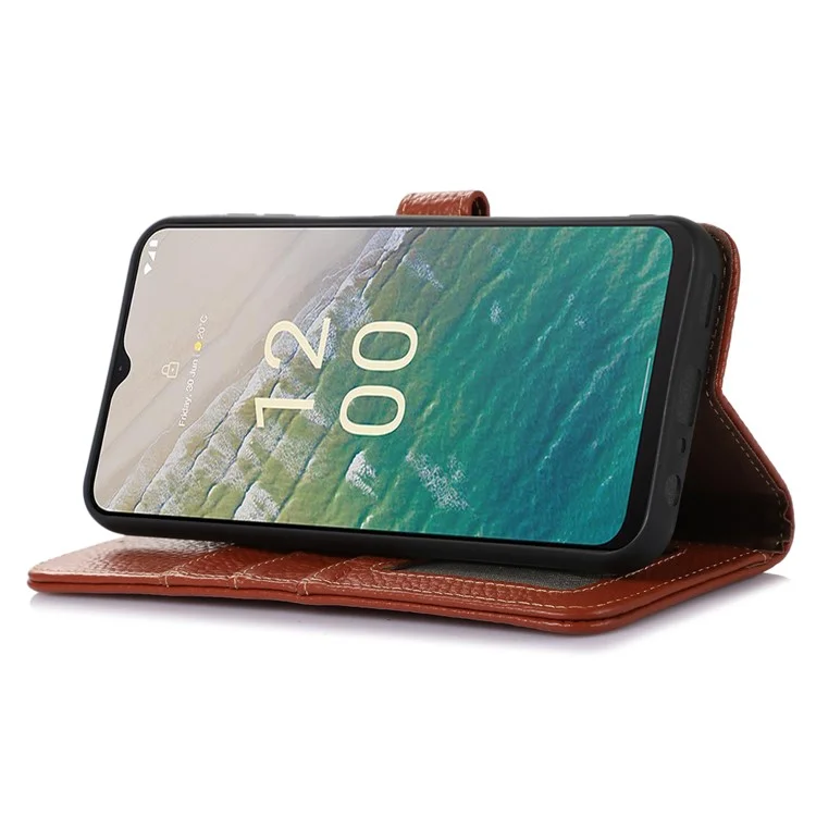 Para Nokia C32 RFID Blocking Phone Wallet Case Genuine Cow Leather Stand Cover - Marrom