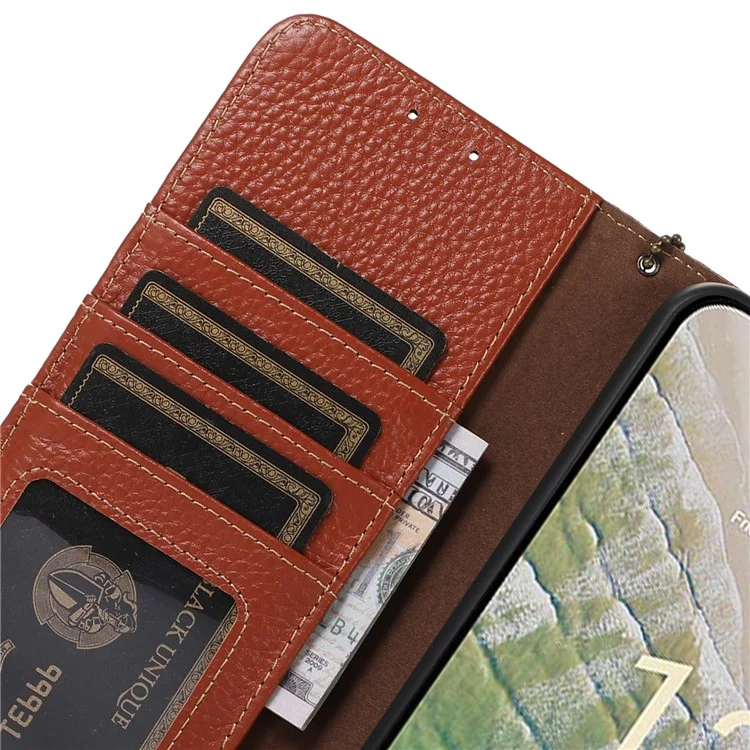Para Nokia C32 RFID Blocking Phone Wallet Case Genuine Cow Leather Stand Cover - Marrom