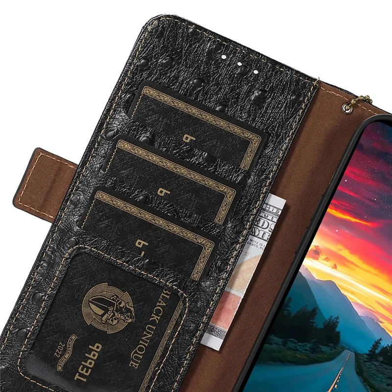 غطاء هاتف بحظر RFID لهاتف Xiaomi Redmi Note 12 Turbo / Poco F5 5G، غطاء جلد بقر أصلي مع حامل ومحفظة - أسود