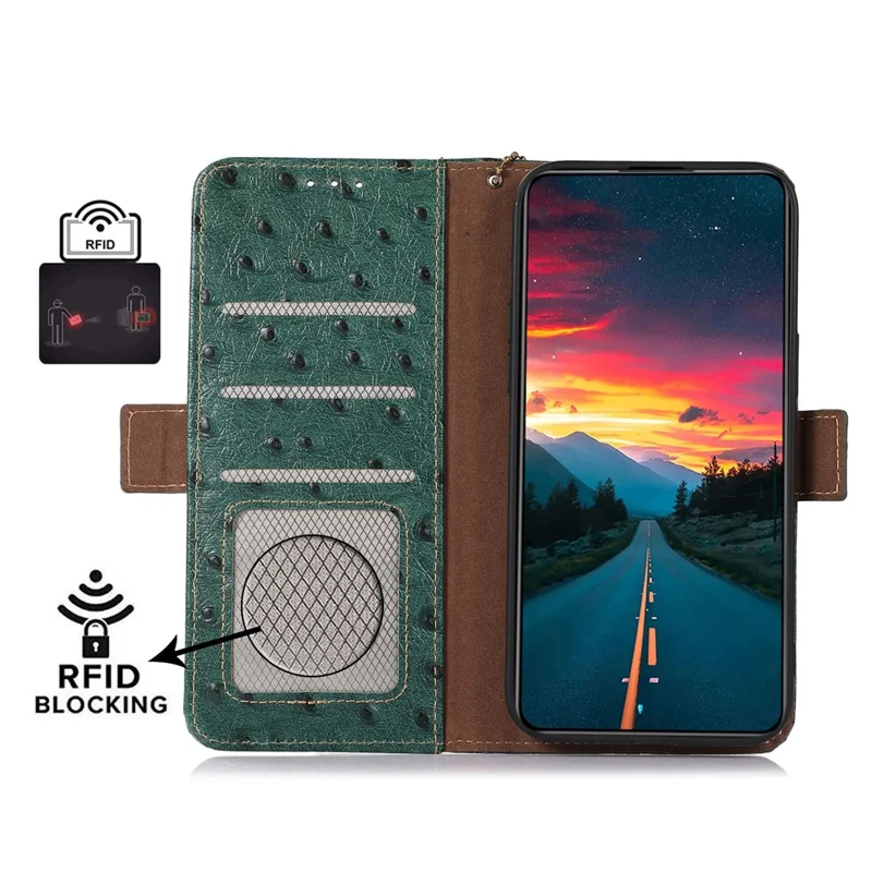 RFID Blocking Phone Case for Xiaomi Redmi Note 12 Turbo / Poco F5 5G , Wallet Stand Genuine Cow Leather Cover - Green