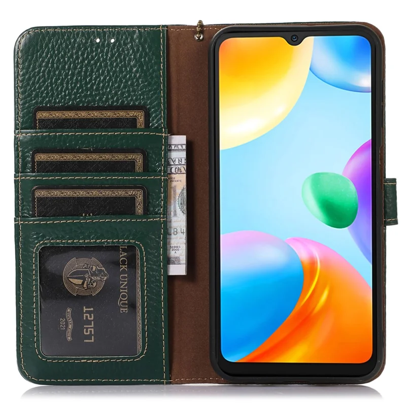 Pour Xiaomi Redmi Note 12 Turbo / Poco F5 5G RFID Blocking Stand Wallet Phone Case Genuine Cow Leather Phone Cover - Green