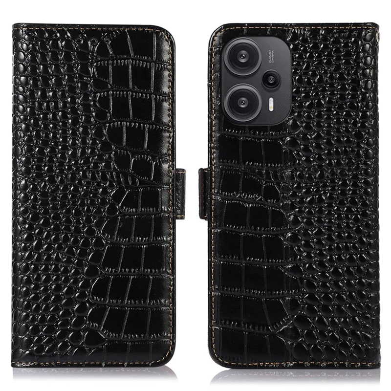 For Xiaomi Redmi Note 12 Turbo / Poco F5 5G RFID Blocking Phone Cover Genuine Cowhide Leather Stand Wallet Case - Black