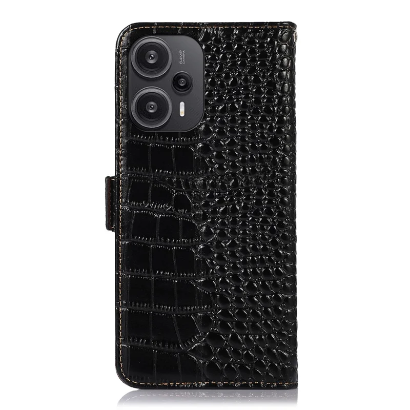 For Xiaomi Redmi Note 12 Turbo / Poco F5 5G RFID Blocking Phone Cover Genuine Cowhide Leather Stand Wallet Case - Black
