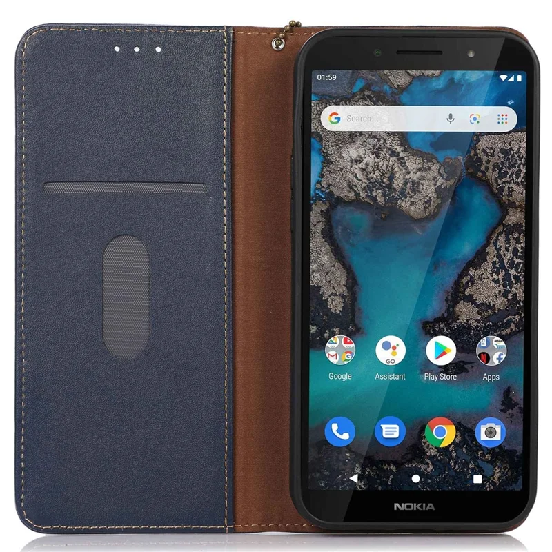 KHAZNEH For Nokia C32 RFID Blocking Case Genuine Cowhide Leather Stand Wallet Phone Cover - Blue