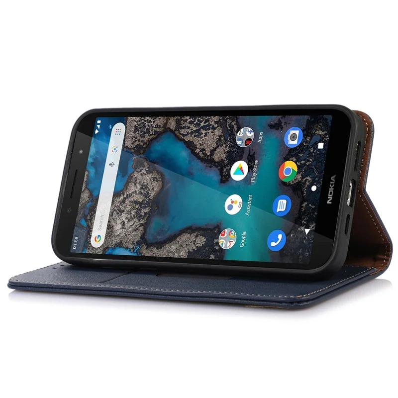 KHAZNEH For Nokia C32 RFID Blocking Case Genuine Cowhide Leather Stand Wallet Phone Cover - Blue