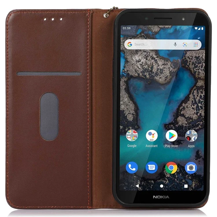 KHAZNEH Para Nokia C32 Funda de Billetera con Bloqueo RFID de Cuero de Vaca Genuino - Marrón