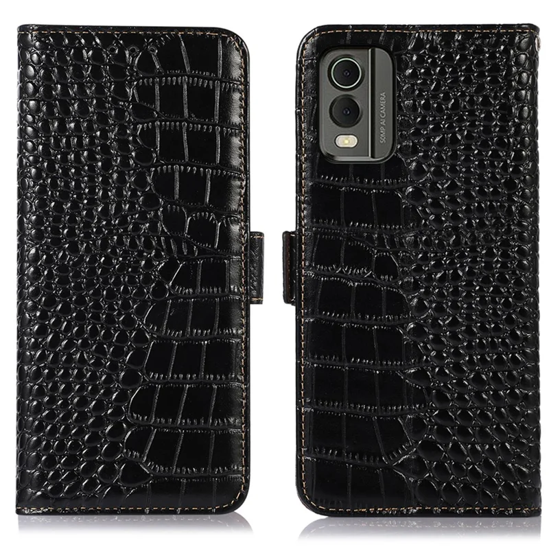 Para Nokia C32 RFID Blocking Genuine Cowhide Leather Phone Case Stand Phone Wallet Cover - Preto