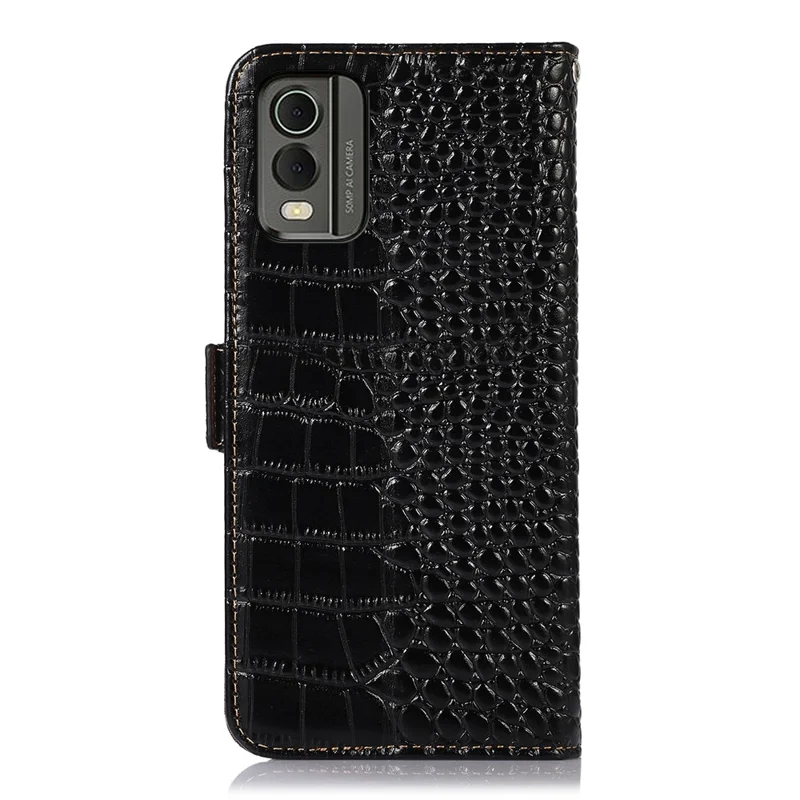 Para Nokia C32 RFID Blocking Genuine Cowhide Leather Phone Case Stand Phone Wallet Cover - Preto