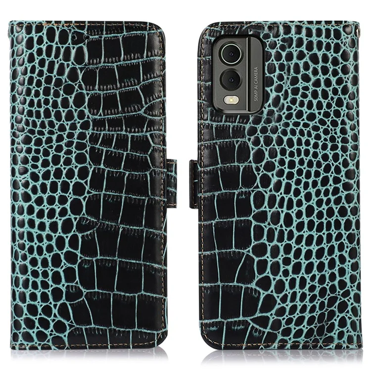Per Nokia C32 RFID Blocking Genuine Cowhide Leather Phone Case Stand Phone Wallet Cover - Verde