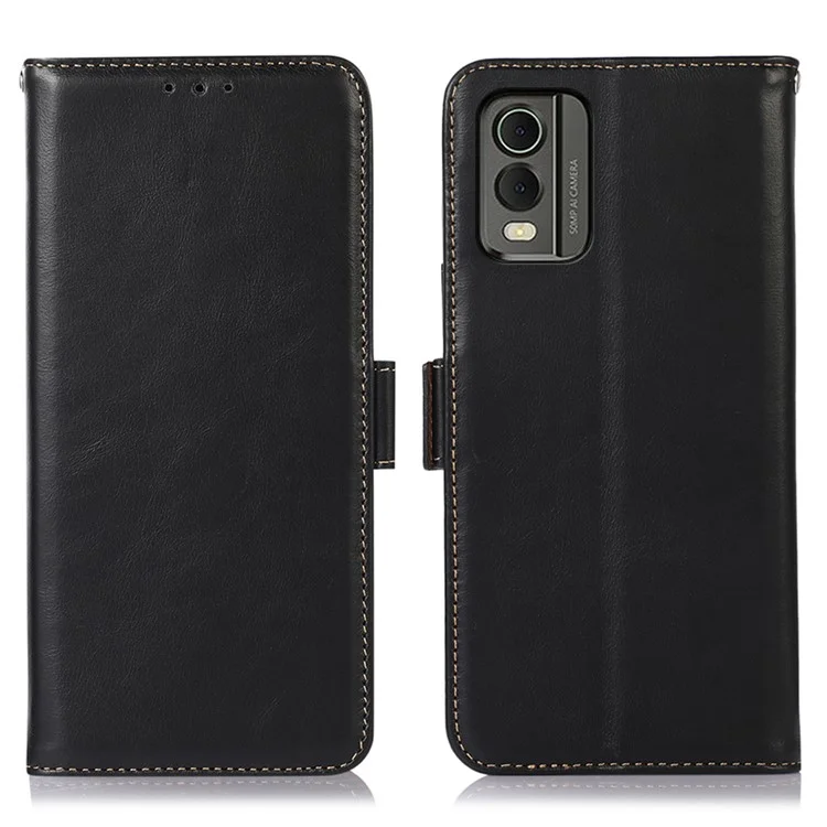 Para Nokia C32 RFID Blocking Stand Phone Case Genuine Cowhide Leather Wallet Cover - Negro