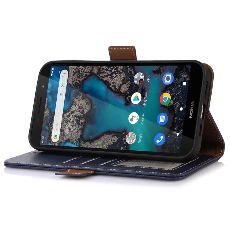 For Nokia C32 RFID Blocking Stand Phone Case Genuine Cowhide Leather Wallet Cover - Blue