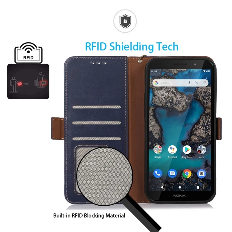 For Nokia C32 RFID Blocking Stand Phone Case Genuine Cowhide Leather Wallet Cover - Blue