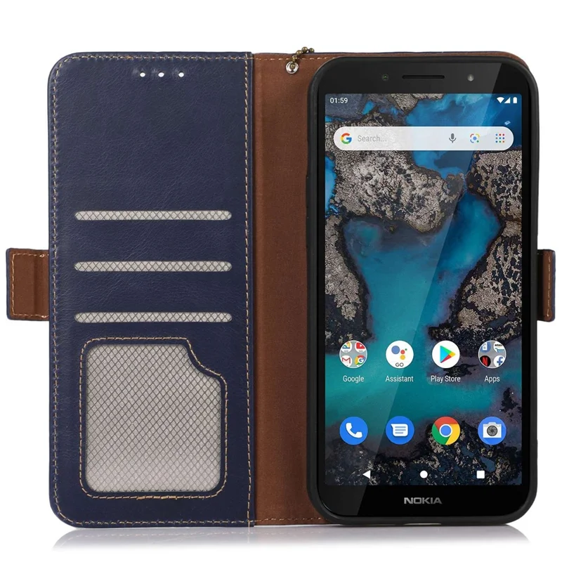 For Nokia C32 RFID Blocking Stand Phone Case Genuine Cowhide Leather Wallet Cover - Blue