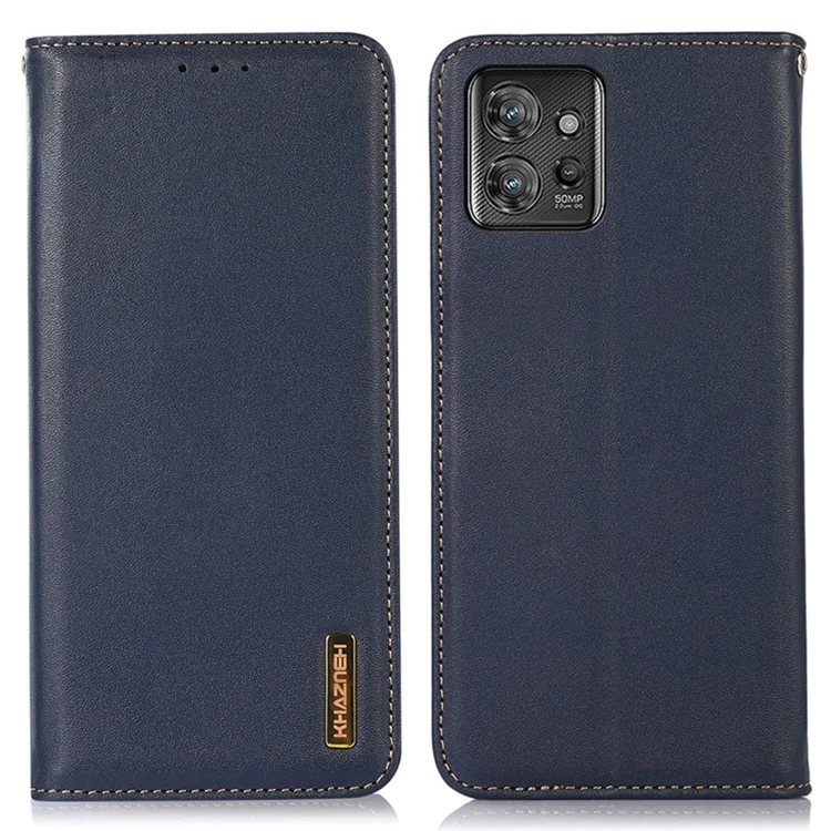 KHAZNEH Pour Motorola ThinkPhone 5G Étui Téléphone Blocage RFID Véritable Cuir de Vache Support Portefeuille Étui - Bleu