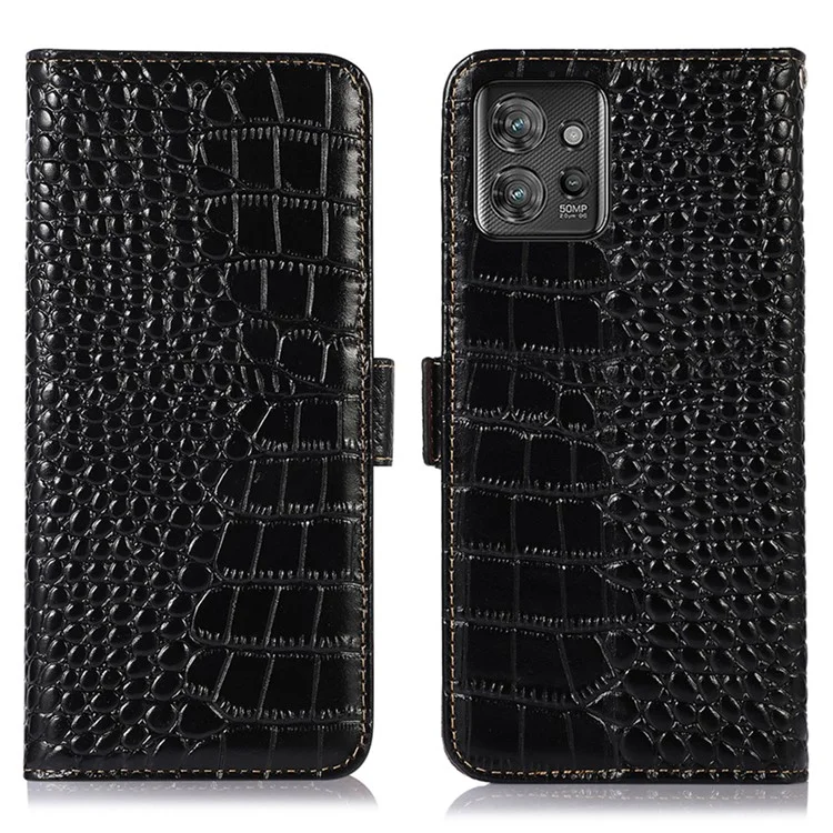 Pour Motorola ThinkPhone 5G Coque de téléphone avec support Portefeuille Blocage RFID Véritable Cuir de Vache - Noir