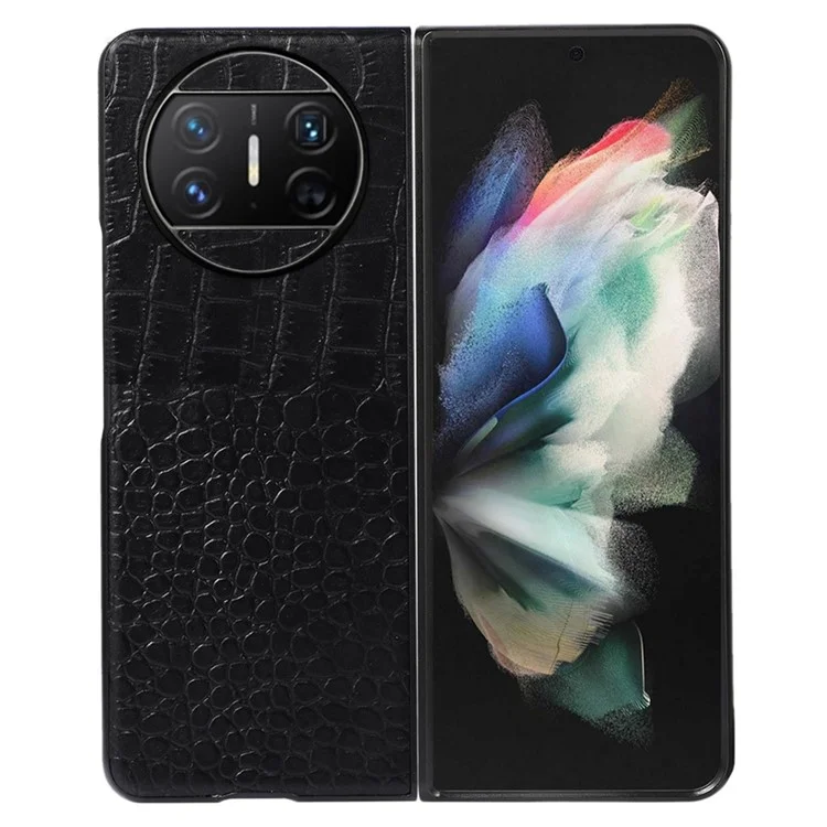 For Huawei Mate X3 5G Folding Phone Case Crocodile Texture Genuine Cowhide Leather Coated PC Cover - Black