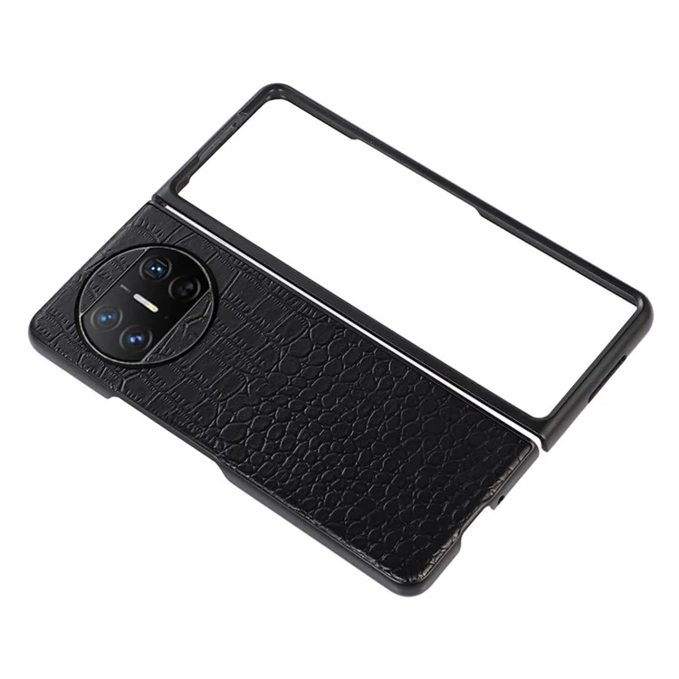 For Huawei Mate X3 5G Folding Phone Case Crocodile Texture Genuine Cowhide Leather Coated PC Cover - Black