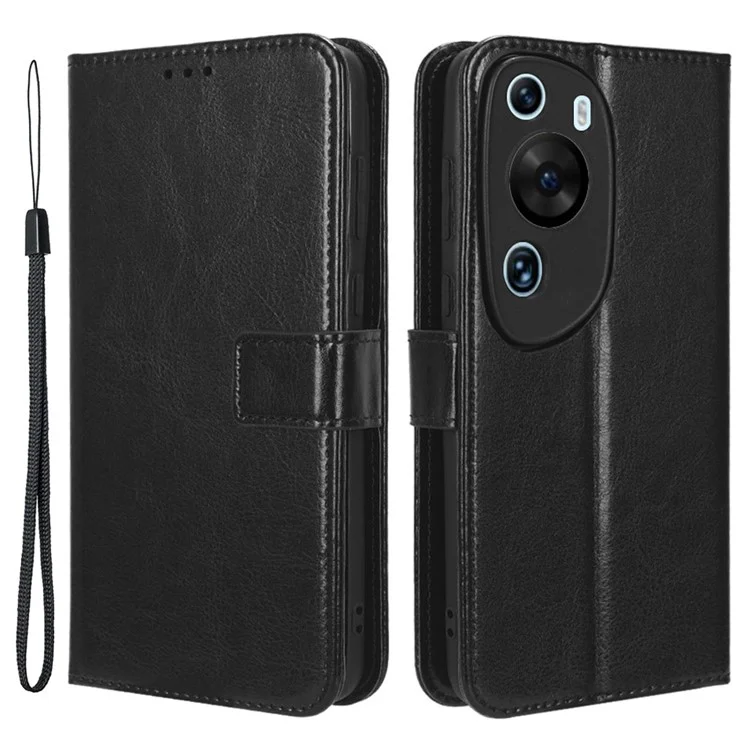 Para Huawei P60 Art Capa de Telefone à Prova de Choque e Carteira - Textura de Couro de Cavalo Louco, PU - Preto