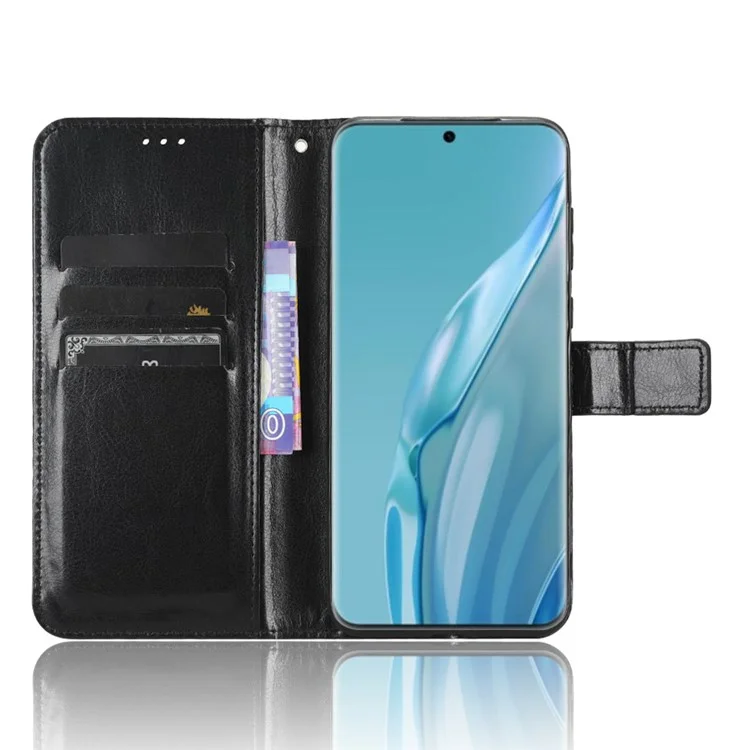 Para Huawei P60 Art Capa de Telefone à Prova de Choque e Carteira - Textura de Couro de Cavalo Louco, PU - Preto
