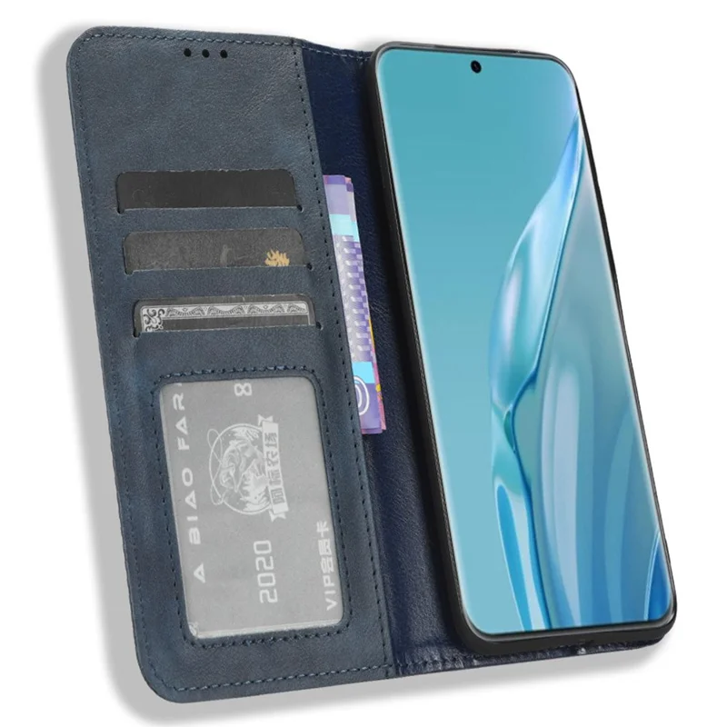 Retro Wallet Phone Case for Huawei P60 Art PU Leather Flip Cover Cell Phone Shell with Stand - Blue