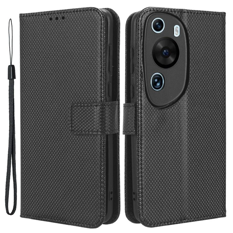 Funda tipo libro de piel sintética PU para Huawei P60, funda protectora con textura de diamante, antiimpactos, tipo billetera - Color negro