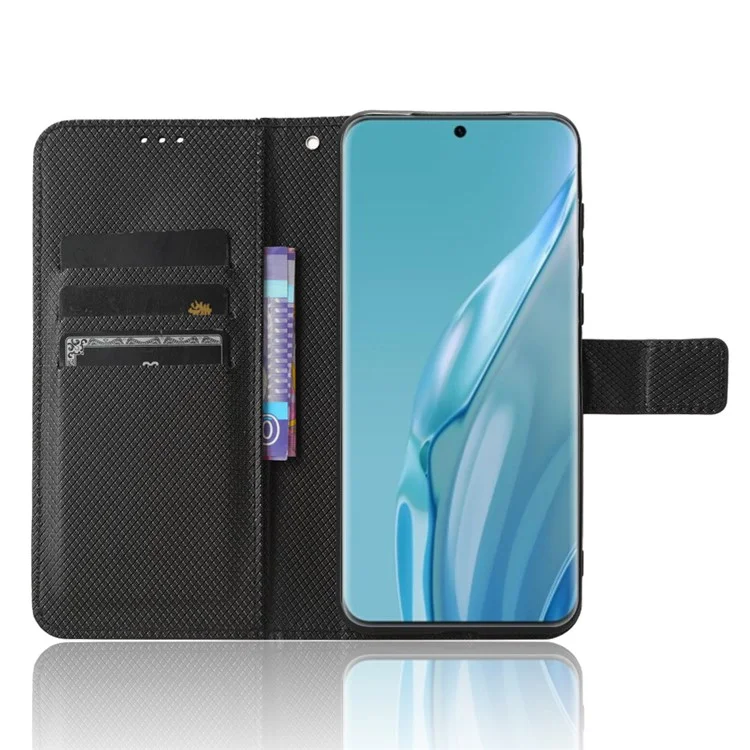 Funda tipo libro de piel sintética PU para Huawei P60, funda protectora con textura de diamante, antiimpactos, tipo billetera - Color negro