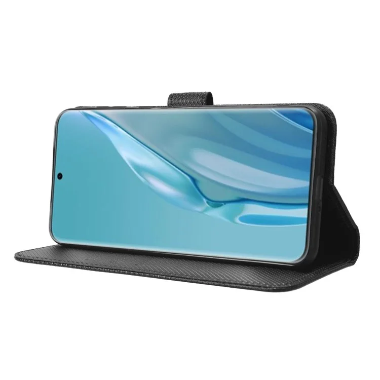 Funda tipo libro de piel sintética PU para Huawei P60, funda protectora con textura de diamante, antiimpactos, tipo billetera - Color negro