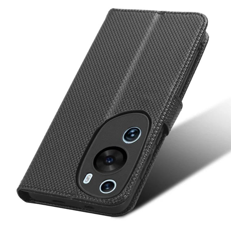 Funda tipo libro de piel sintética PU para Huawei P60, funda protectora con textura de diamante, antiimpactos, tipo billetera - Color negro