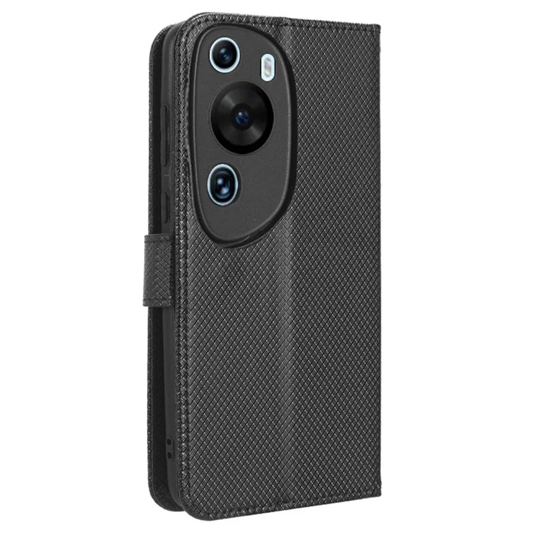 Funda tipo libro de piel sintética PU para Huawei P60, funda protectora con textura de diamante, antiimpactos, tipo billetera - Color negro