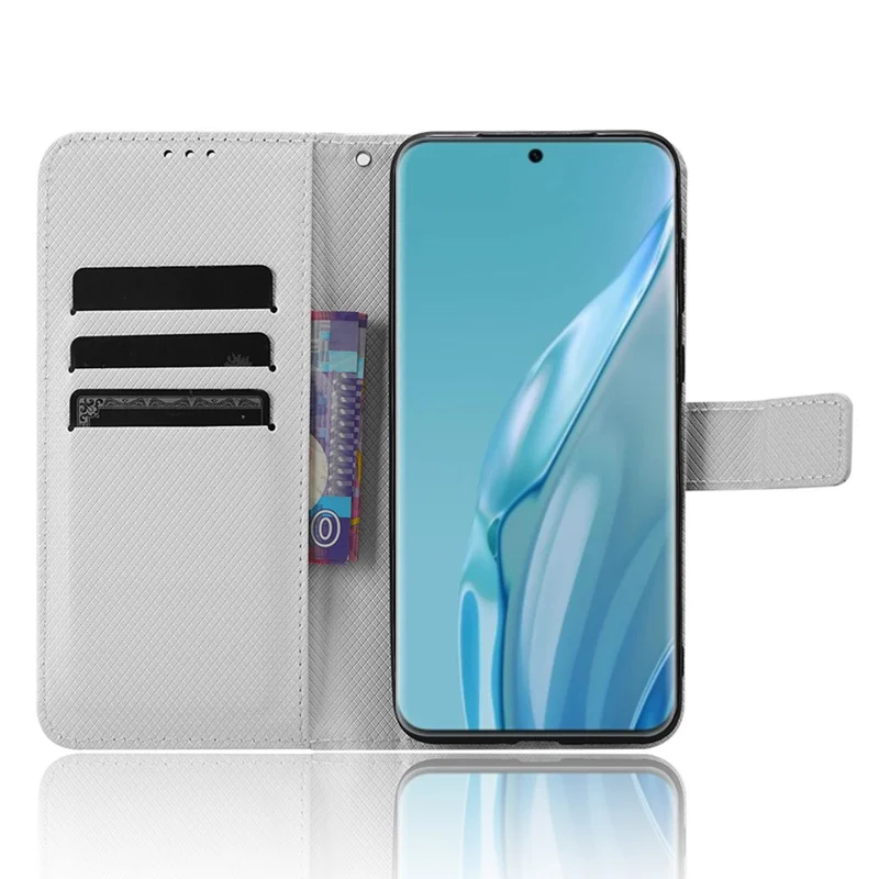 PU Leather Flip Case for Huawei P60 Art Protective Cover Diamond Texture Anti-Drop Wallet Phone Case - White