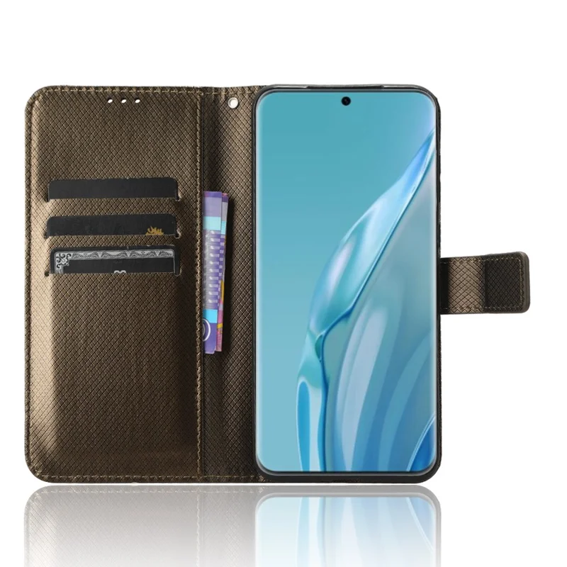 PU Leather Flip Case for Huawei P60 Art Protective Cover Diamond Texture Anti-Drop Wallet Phone Case - Brown