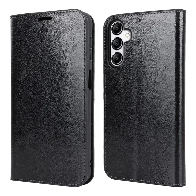 Genuine Cow Leather Phone Cover for Samsung Galaxy A24 4G (162.1 x 77.6 x 8.3mm) Crazy Horse Texture Anti-drop Phone Case with Wallet - Black