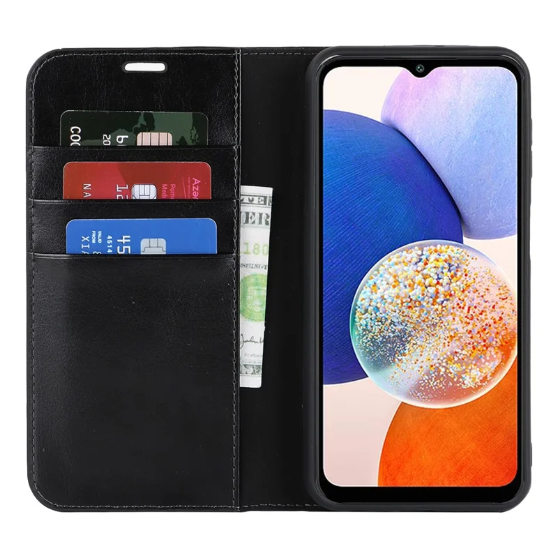 Genuine Cow Leather Phone Cover for Samsung Galaxy A24 4G (162.1 x 77.6 x 8.3mm) Crazy Horse Texture Anti-drop Phone Case with Wallet - Black