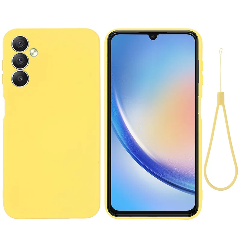 For Samsung Galaxy M14 5G Liquid Silicone Phone Case Soft Lining Shockproof Protective Cover with Strap - Yellow