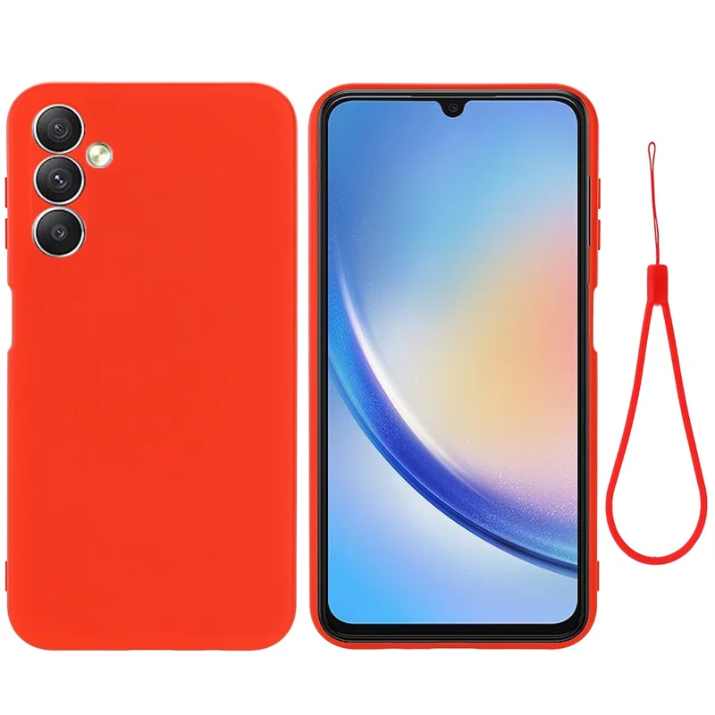 For Samsung Galaxy M14 5G Liquid Silicone Phone Case Soft Lining Shockproof Protective Cover with Strap - Red
