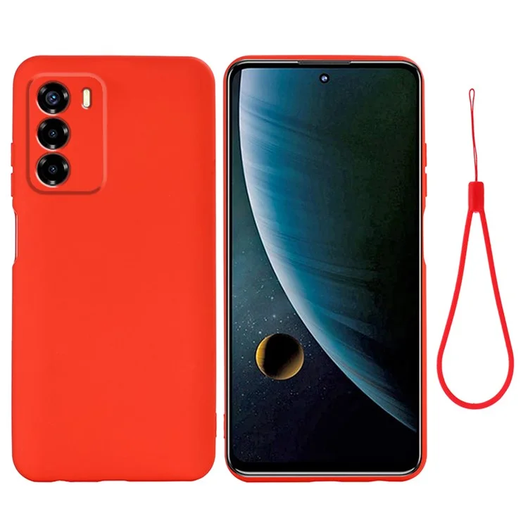 Liquid Silicone Case for ZTE Blade V40 Vita , Soft Lining Anti-Scratch Phone Cover with Strap - Red