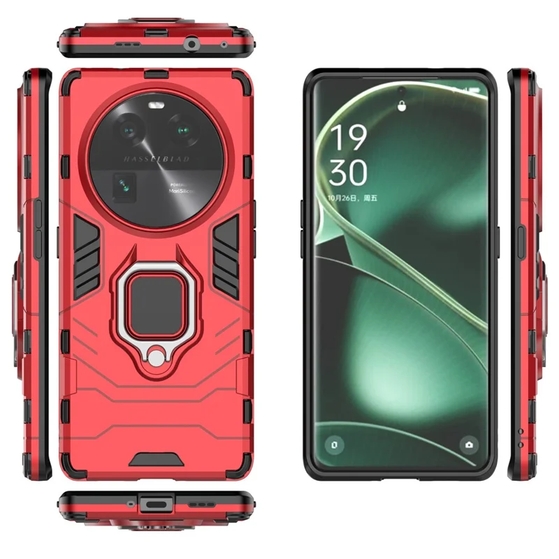 For Oppo Find X6 TPU+PC Protective Phone Case with Ring Kickstand Shockproof Armor Cover - Red