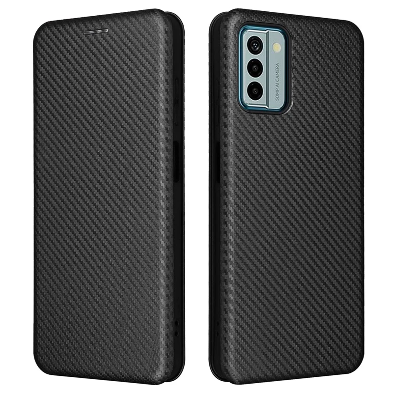 For Nokia G22 Carbon Fiber Texture Leather Case Flip Folio Stand Phone Cover with Card Holder - Black