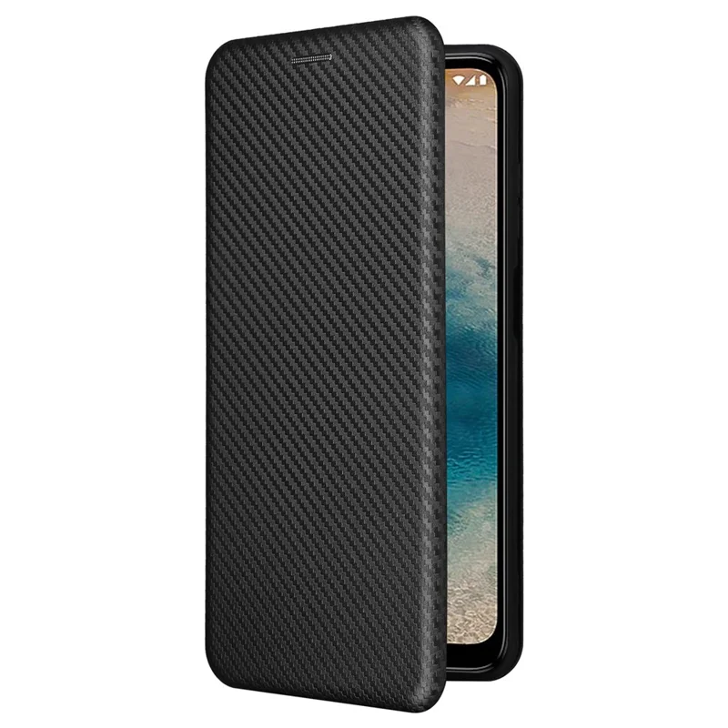 For Nokia G22 Carbon Fiber Texture Leather Case Flip Folio Stand Phone Cover with Card Holder - Black