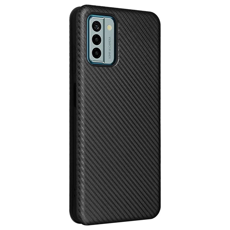 For Nokia G22 Carbon Fiber Texture Leather Case Flip Folio Stand Phone Cover with Card Holder - Black