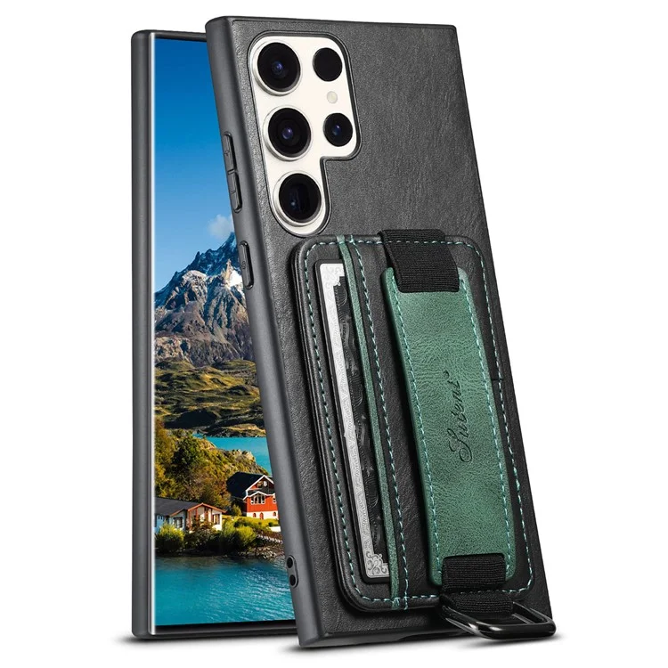 SUTENI H13 For Samsung Galaxy S23 Ultra Card Holder Phone Cover Leather Coated PC+TPU Shell Kickstand Case with Hand Strap - Black