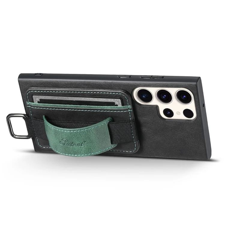 SUTENI H13 For Samsung Galaxy S23 Ultra Card Holder Phone Cover Leather Coated PC+TPU Shell Kickstand Case with Hand Strap - Black