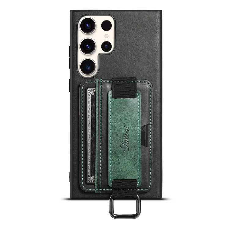 SUTENI H13 For Samsung Galaxy S23 Ultra Card Holder Phone Cover Leather Coated PC+TPU Shell Kickstand Case with Hand Strap - Black
