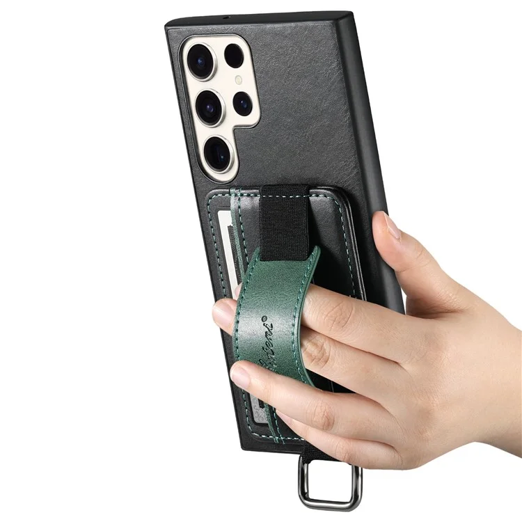 SUTENI H13 For Samsung Galaxy S23 Ultra Card Holder Phone Cover Leather Coated PC+TPU Shell Kickstand Case with Hand Strap - Black