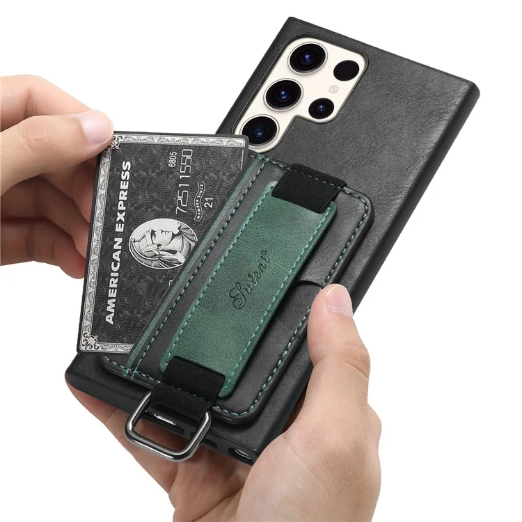 SUTENI H13 For Samsung Galaxy S23 Ultra Card Holder Phone Cover Leather Coated PC+TPU Shell Kickstand Case with Hand Strap - Black