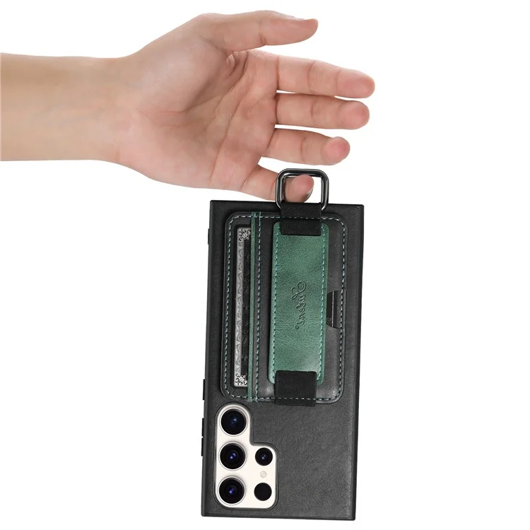 SUTENI H13 For Samsung Galaxy S23 Ultra Card Holder Phone Cover Leather Coated PC+TPU Shell Kickstand Case with Hand Strap - Black